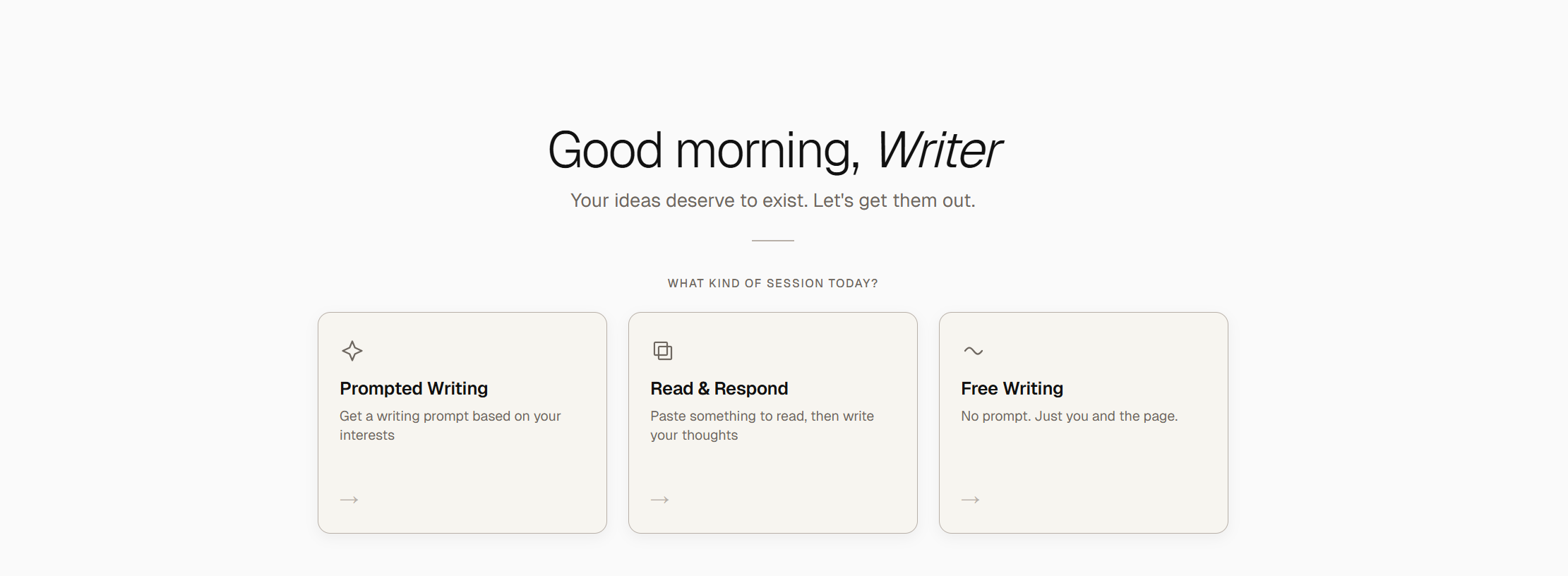 Scribbit onboarding screen with Good morning, Writer greeting and session options